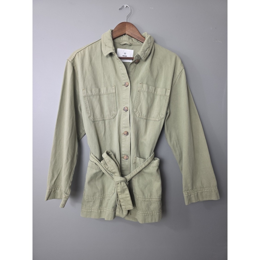 &denim Utility Jacket Womens‎ Medium Green Cotton Belt Pockets Mid-length Safari